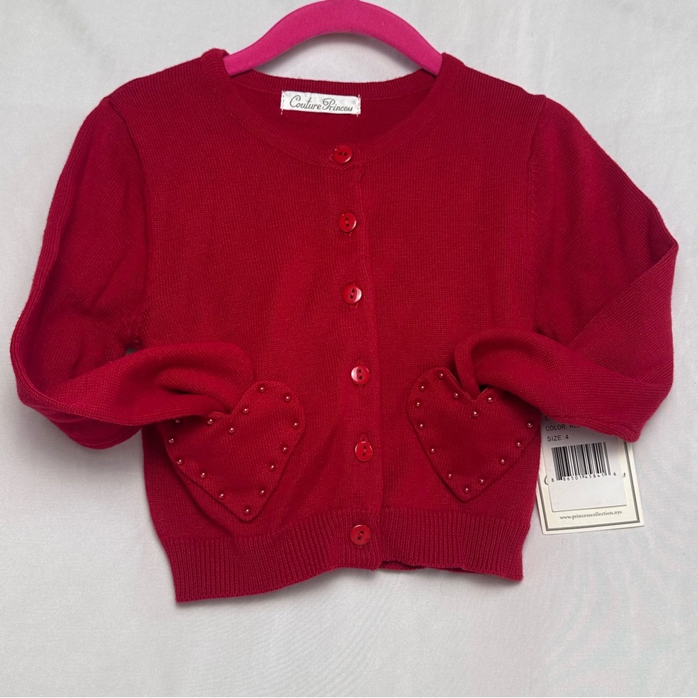 Red Couture Princess  Girls 4T Sweater w/ Beaded Heart Pockets ❤️👑 (NWT)